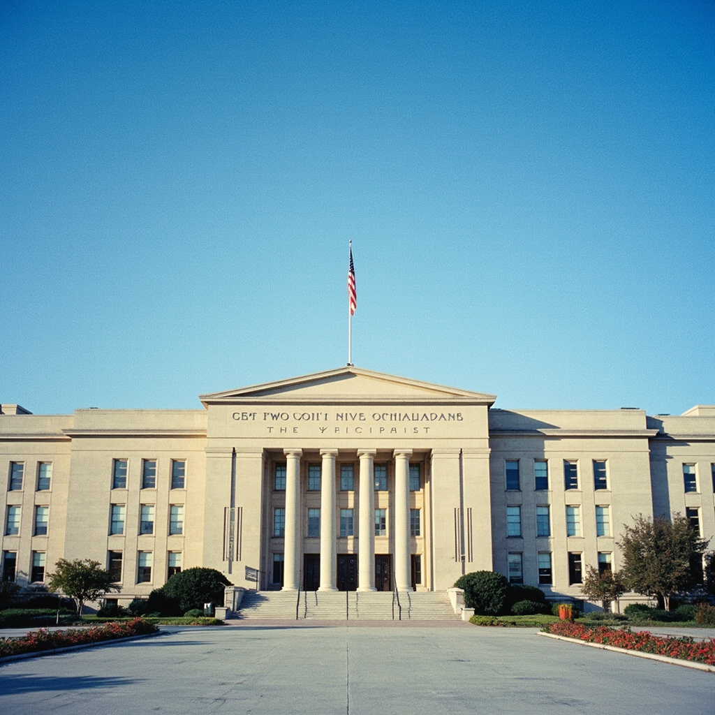 The Pentagon building in Arlington Virginia, imposing concrete facade against a blue sky