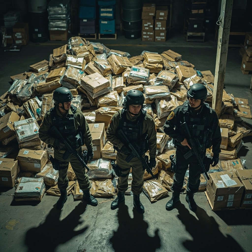 A law enforcement operation scene with officers in tactical gear standing in front of seized packages