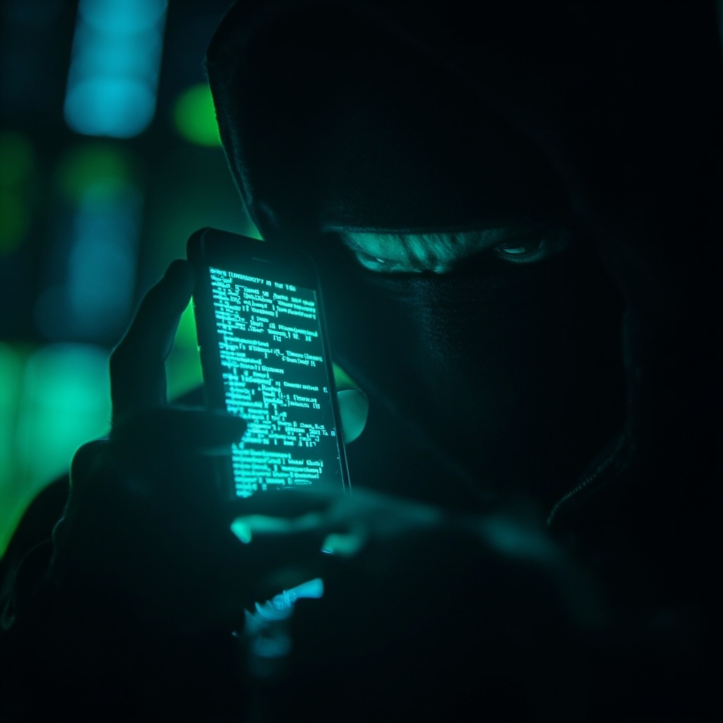 A smartphone screen displaying code with a dark hooded figure silhouette in the background