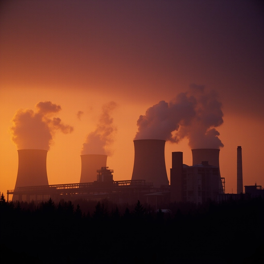 A European energy facility with industrial cooling towers silhouetted against an orange sunset