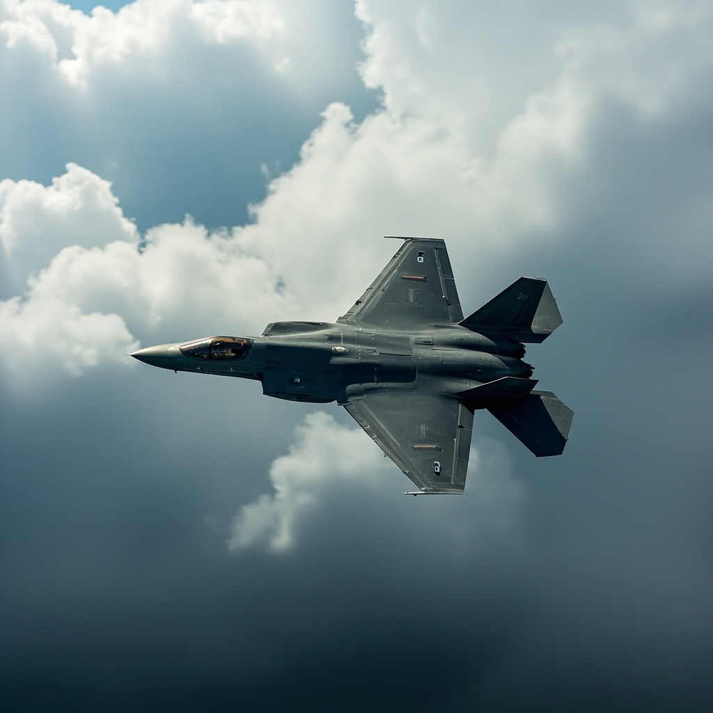 An F-35 Lightning II fighter jet in flight against a cloudy sky, low angle shot