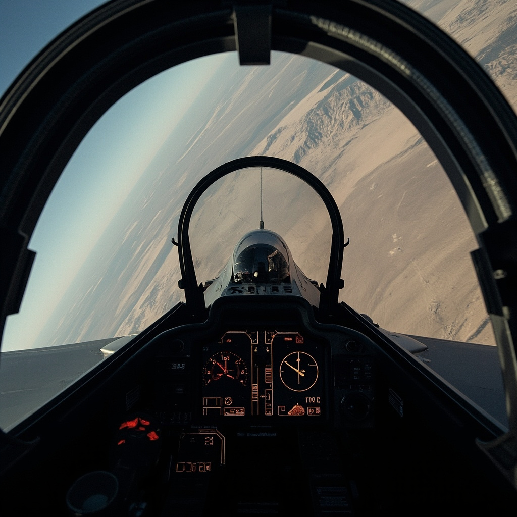 An F-35 cockpit view with the ground visible below and warning indicators on the HUD display