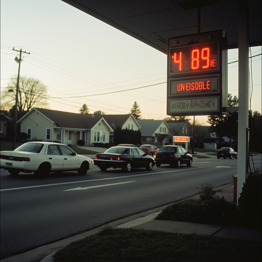 A gas station price sign showing $4.89 per gallon with cars lined up in the background