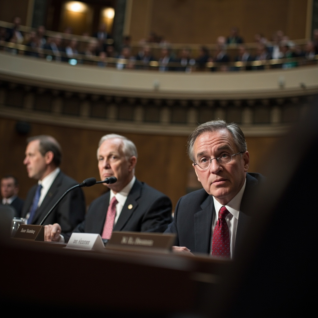 A Senate hearing room with senators at a dais and a witness testimony microphone visible