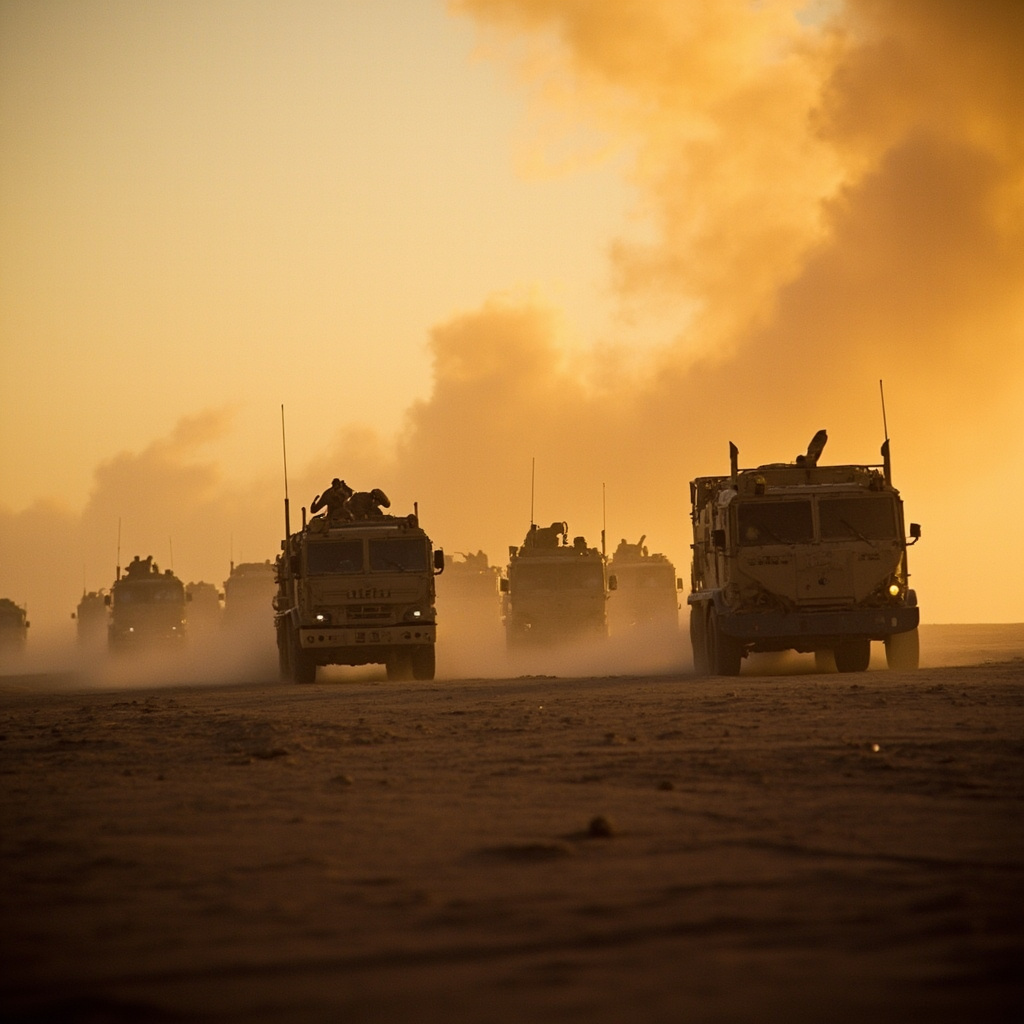 Military vehicles move through a desert convoy at dawn