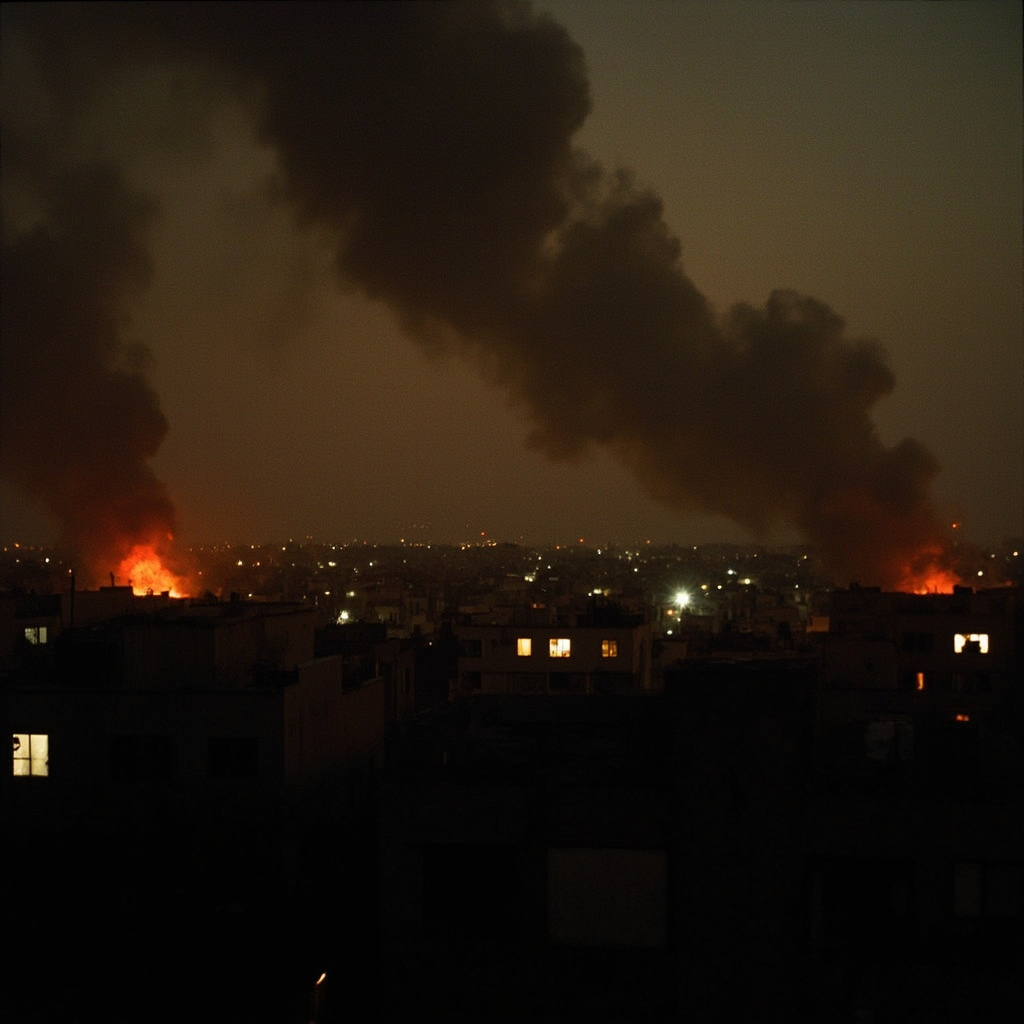Smoke rises above a city skyline at dusk