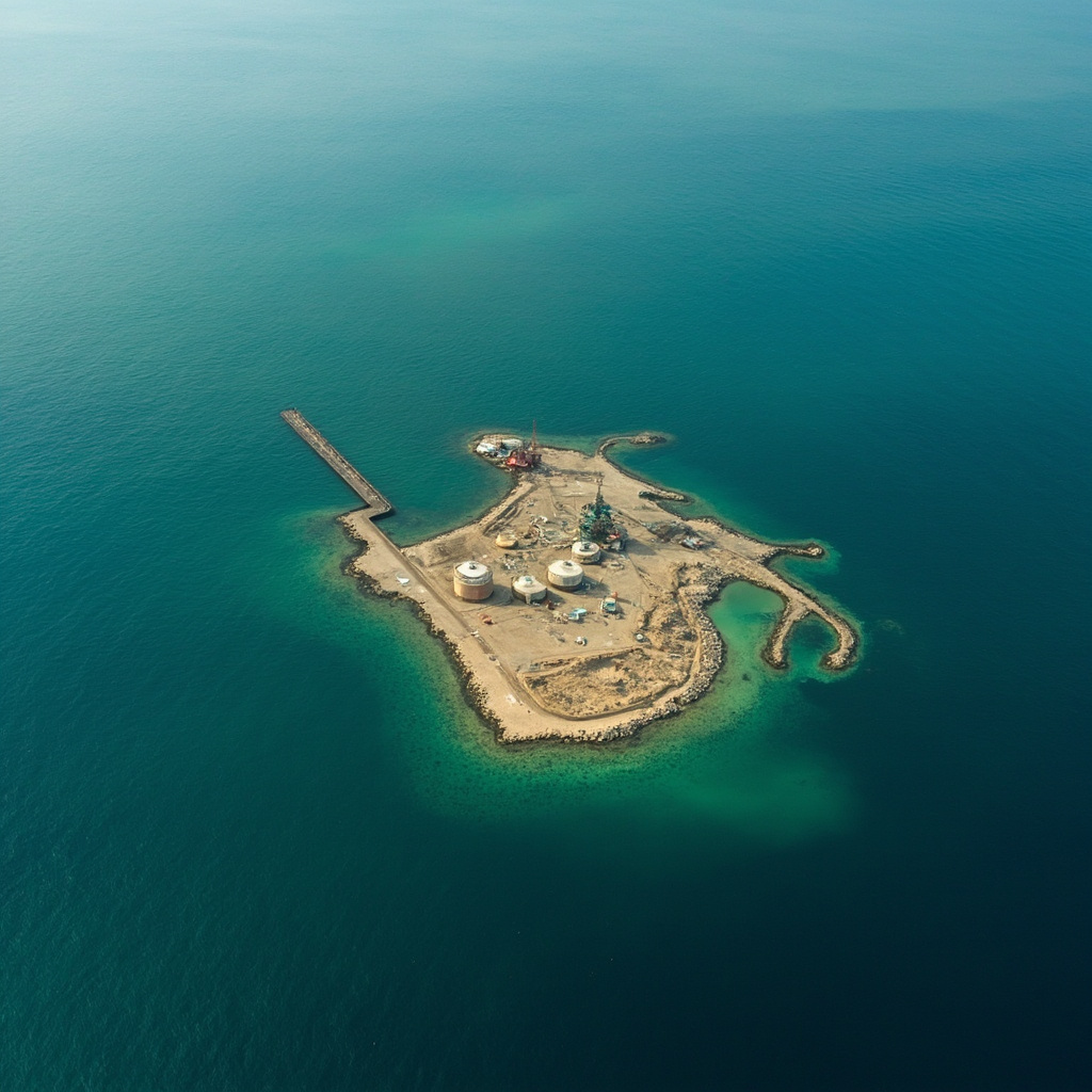 An aerial view of a remote island terminal with oil storage tanks and a pier extending into calm blue waters