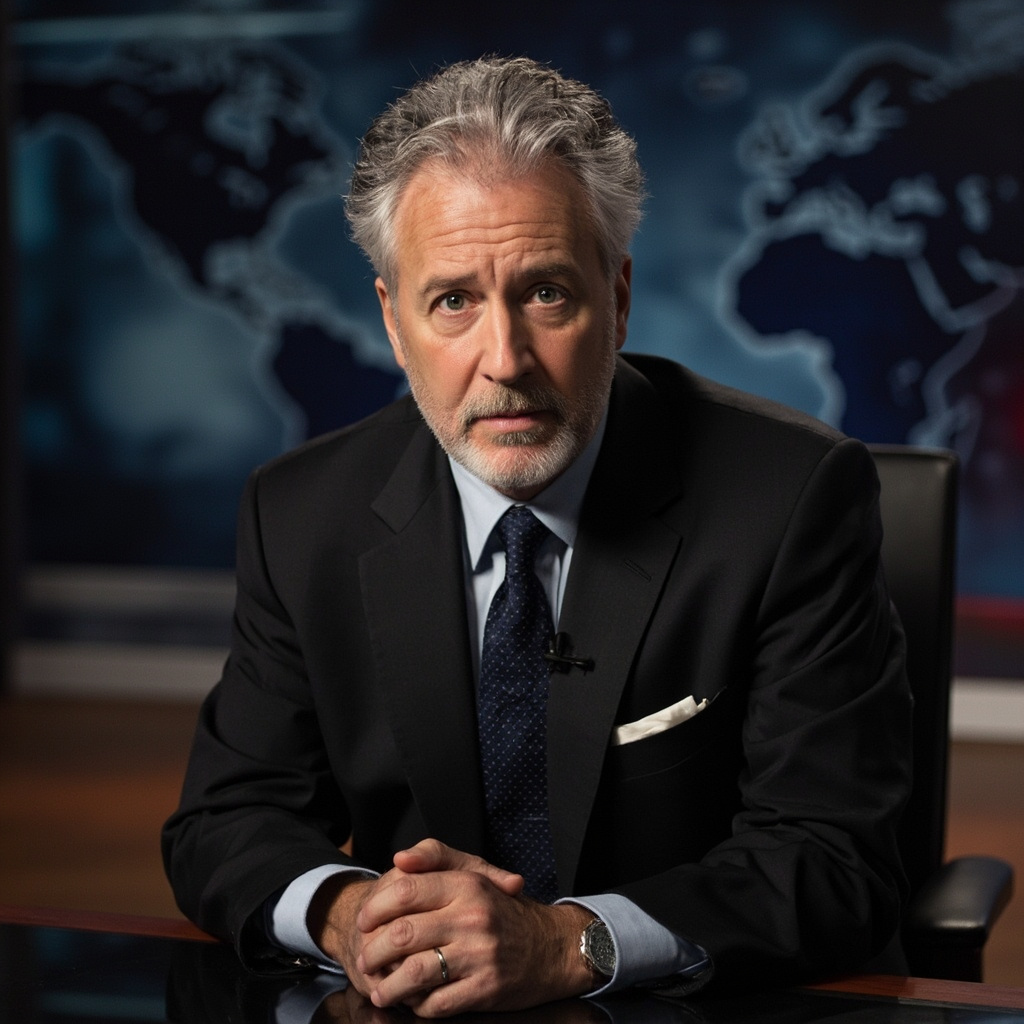 Jon Stewart sitting at his desk on The Daily Show set, looking directly at camera with serious expression