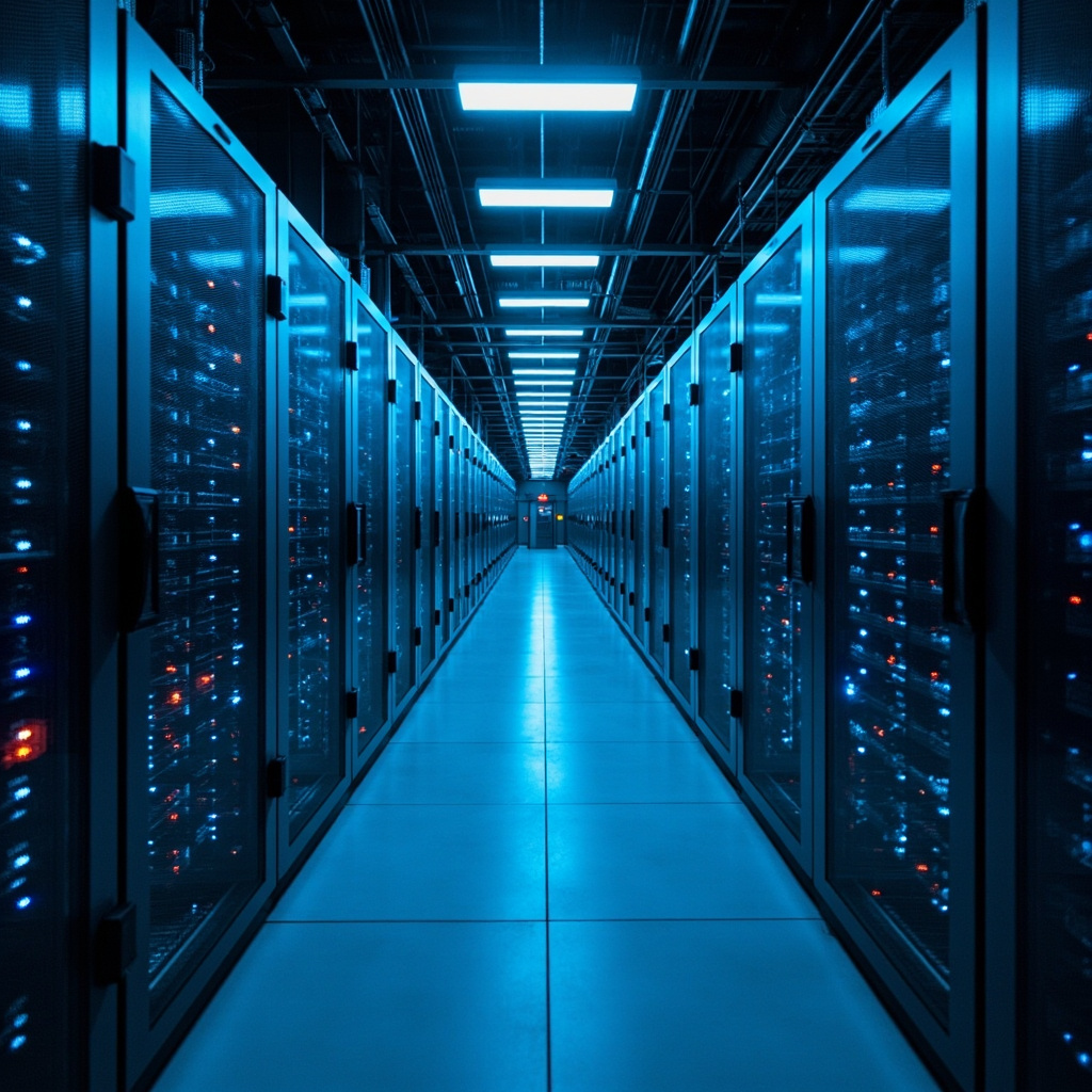 A data center corridor with glowing server racks, cold blue lighting, technological and imposing