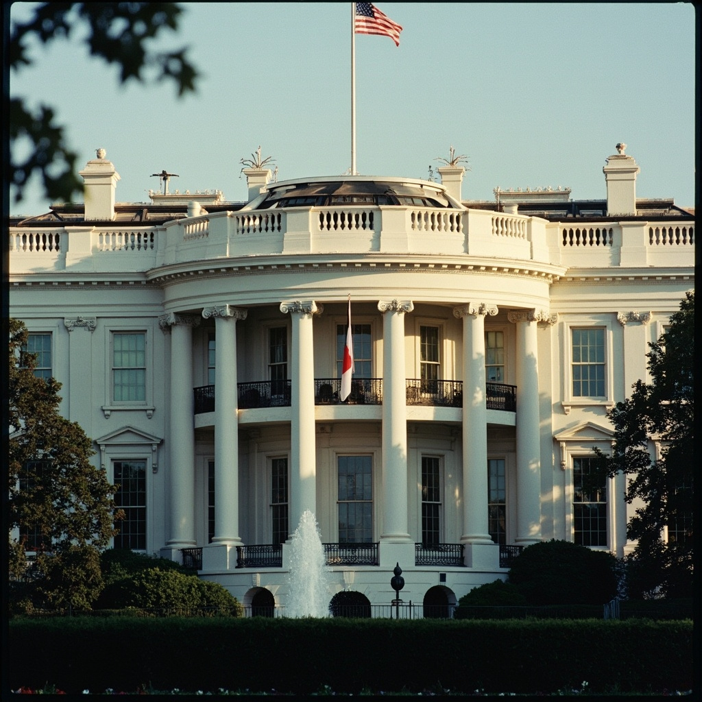 The White House facade in Washington DC with American and Japanese flags visible