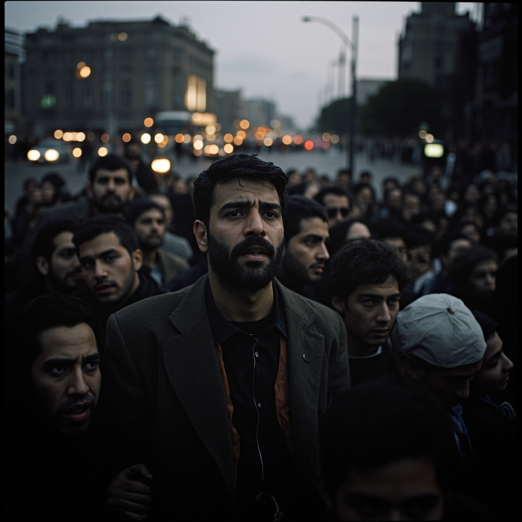 A crowded street scene with people gathered in apparent mourning, stylized dark atmosphere