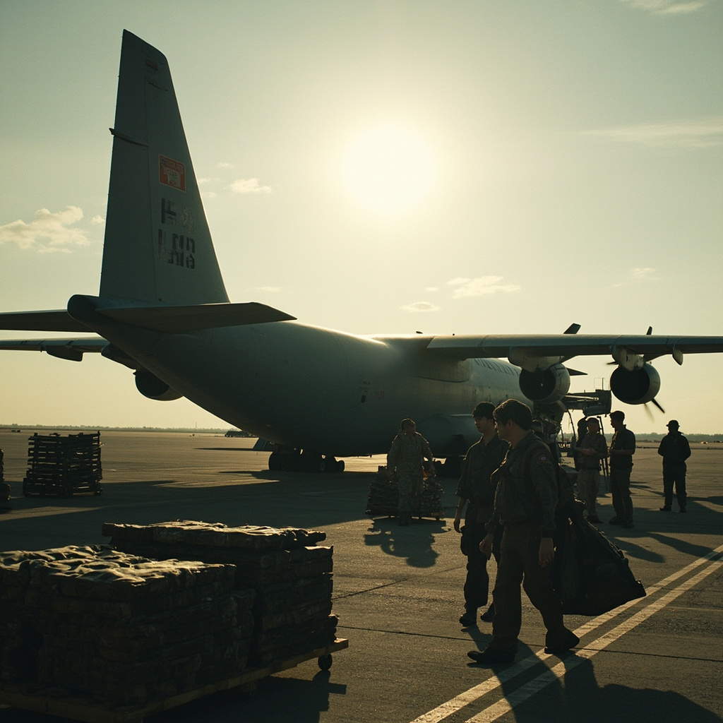 A military cargo aircraft sits on a sunlit runway beside pallets of equipment
