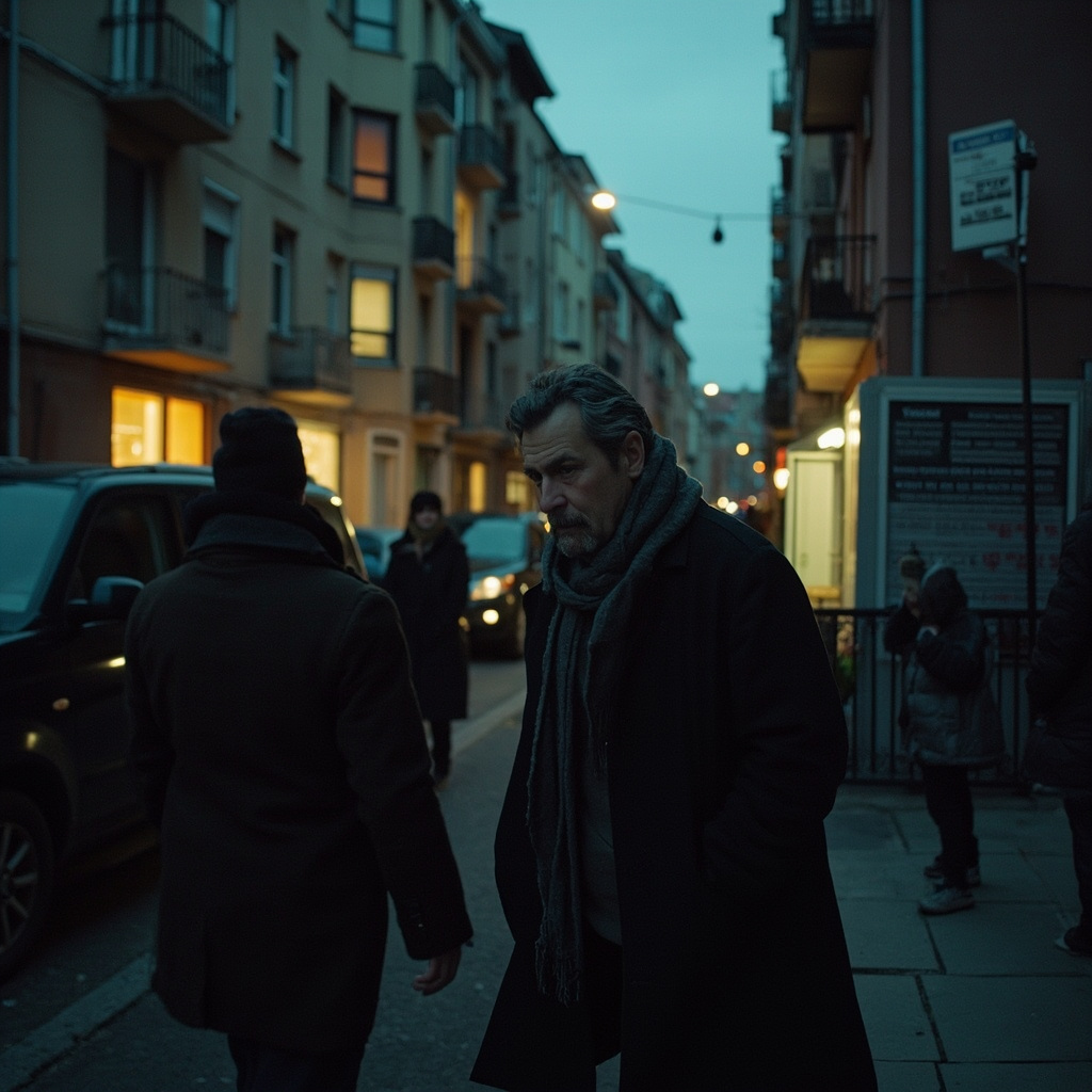 A European city street at dusk with apartment windows lit and energy prices displayed on a phone in the foreground