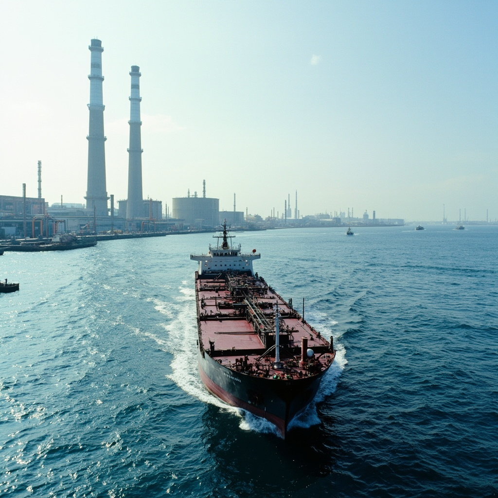 An oil tanker departs a U.S. port with refinery towers behind it under a pale sky