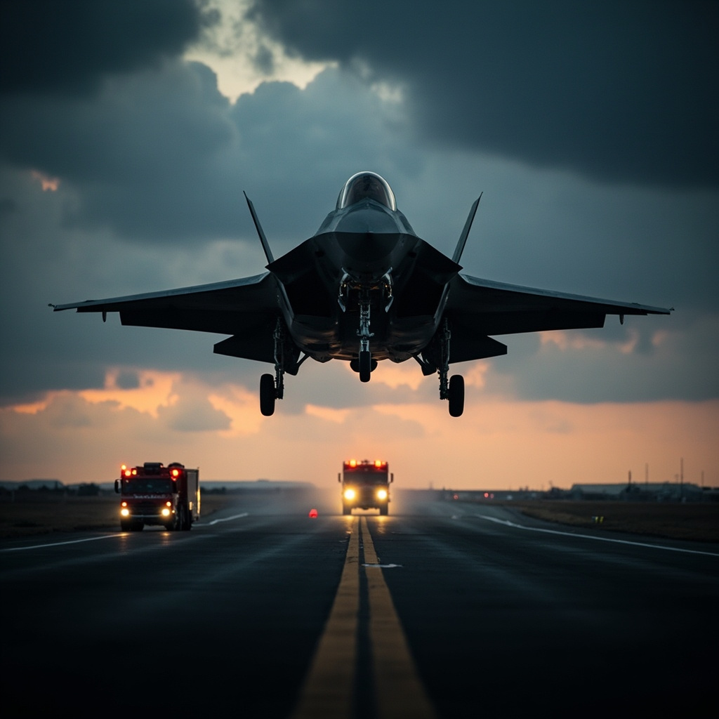 A stealth fighter descends toward a runway at dusk with emergency vehicles visible near the tarmac