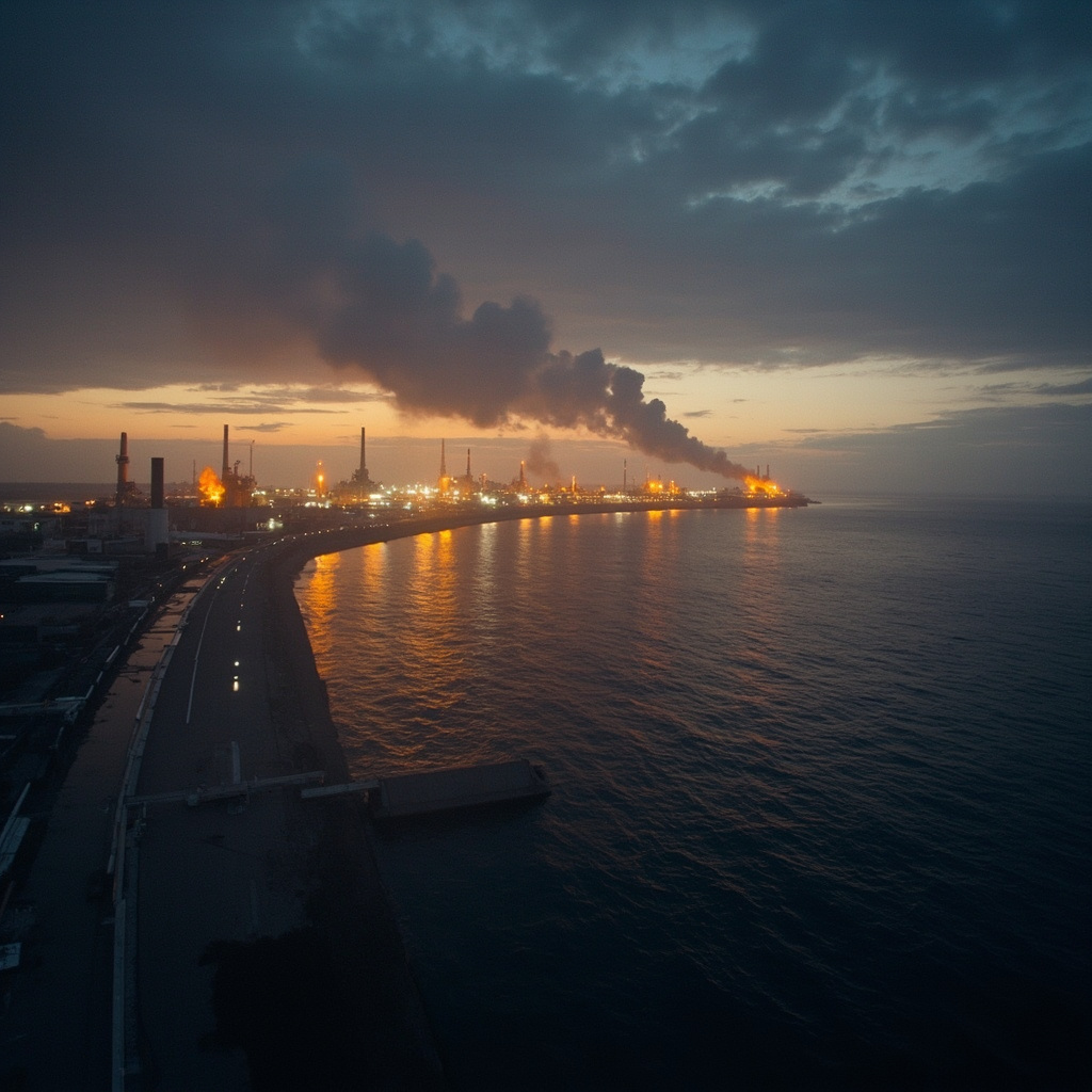 An illuminated industrial gas terminal with storage tanks, flares, and heavy smoke near the shoreline at dusk