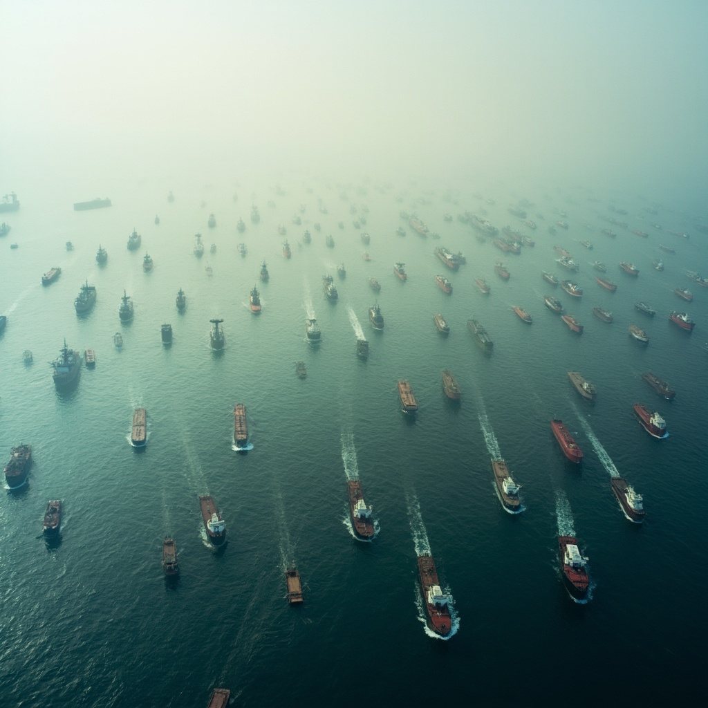Tankers anchored offshore in hazy water with a crowded shipping lane beyond them