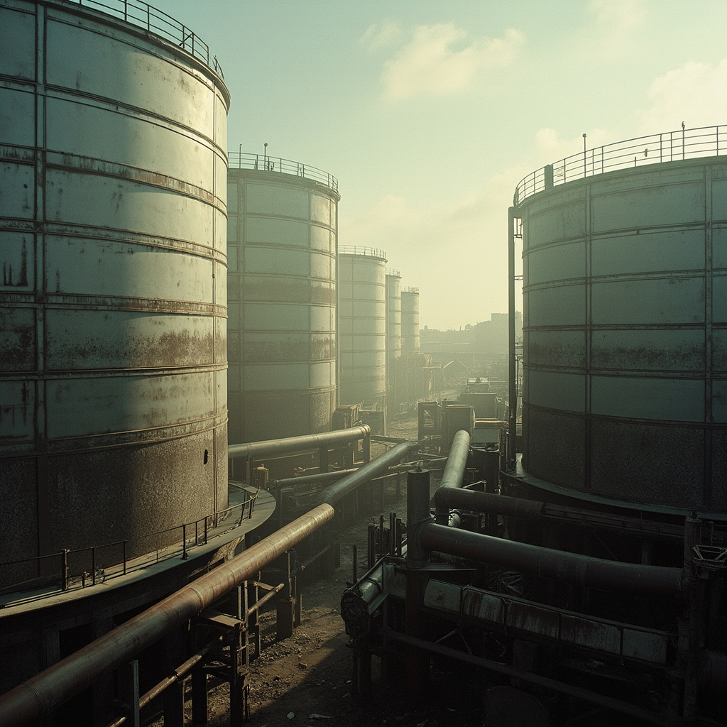 Oil storage tanks and industrial piping stretch across a dusty field under harsh daylight