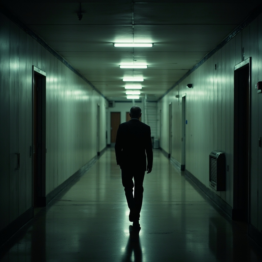 A government building corridor with a lone figure walking away beneath fluorescent lights