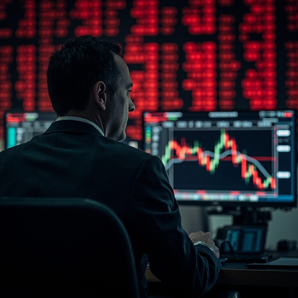 A trader watches red market screens while an oil price chart glows in the background