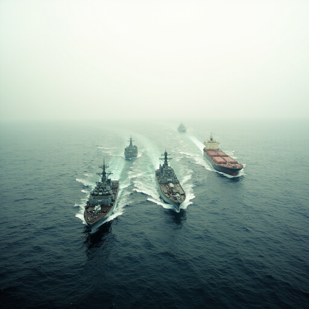 Warships and commercial tankers move through a narrow sea lane under a hazy sky