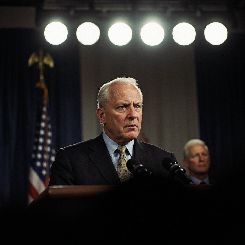 Pentagon podium under bright lights with a blurred U.S. flag behind the microphone