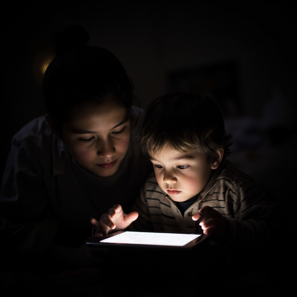 A parent and child look at a glowing tablet screen in a dim room