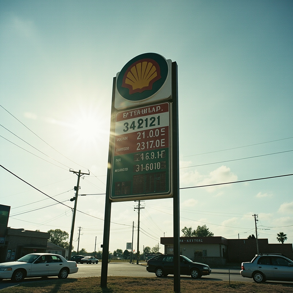 A roadside gas station sign with elevated prices against a bright afternoon sky