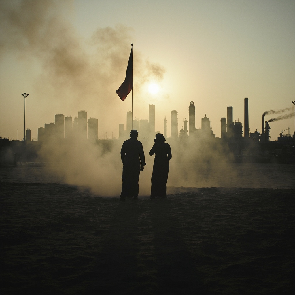 The Doha skyline beyond industrial gas infrastructure and a national flag under a smoky evening sky