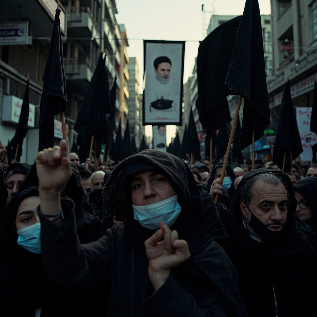 A crowded Tehran funeral procession beneath portraits of Iranian leaders and black mourning banners