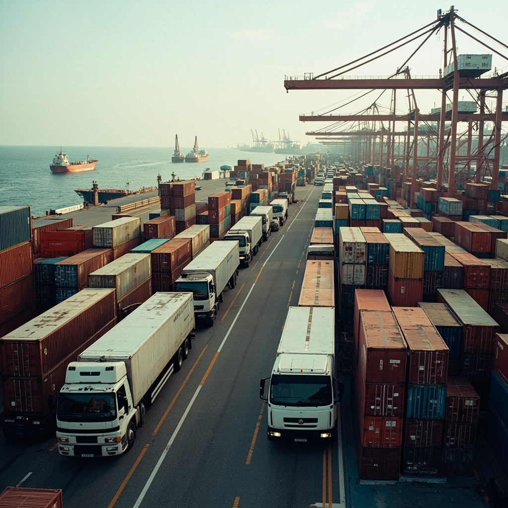 Containers and trucks line up at a busy port with anchored ships visible offshore