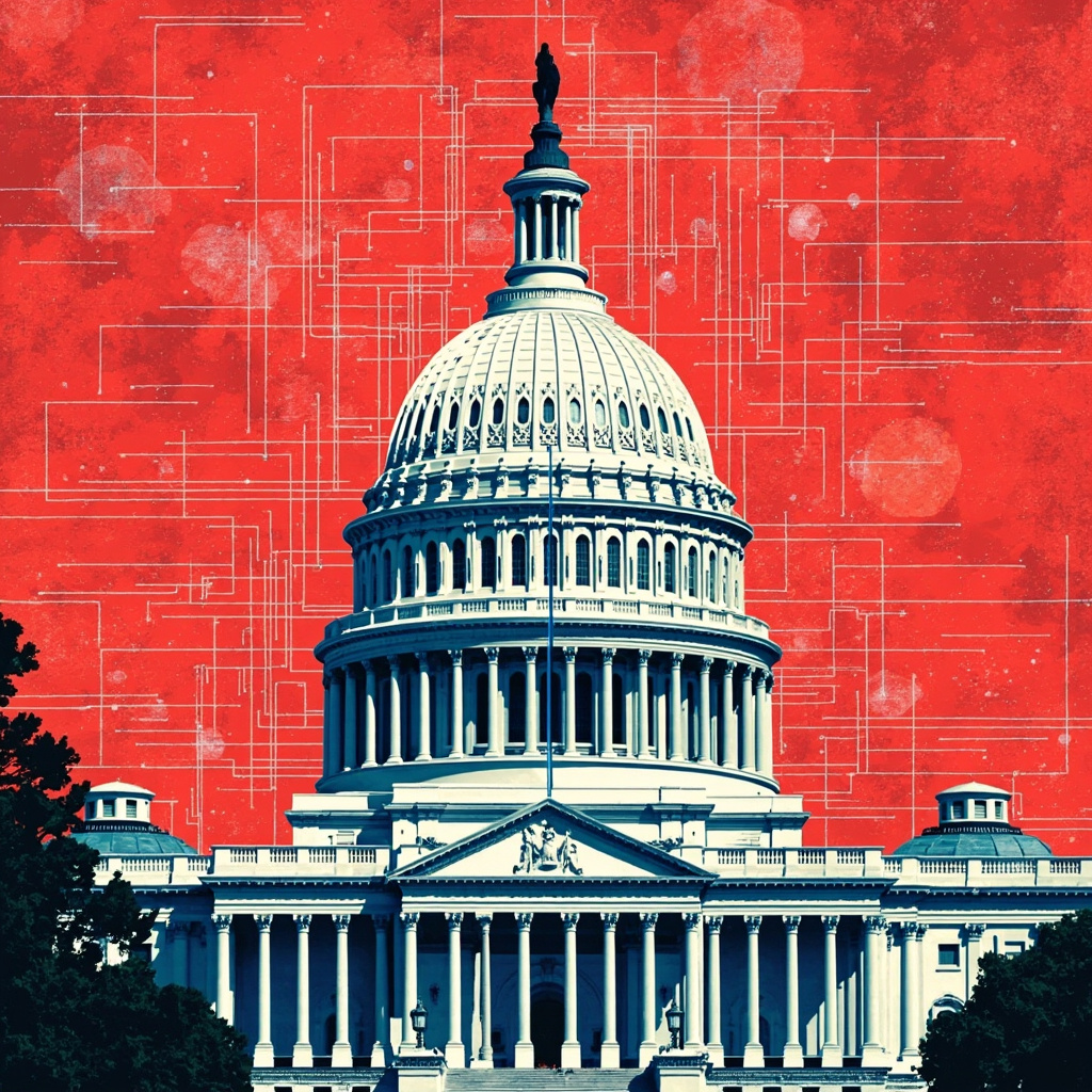 The U.S. Capitol dome rises behind a translucent digital grid suggesting software regulation and federal control
