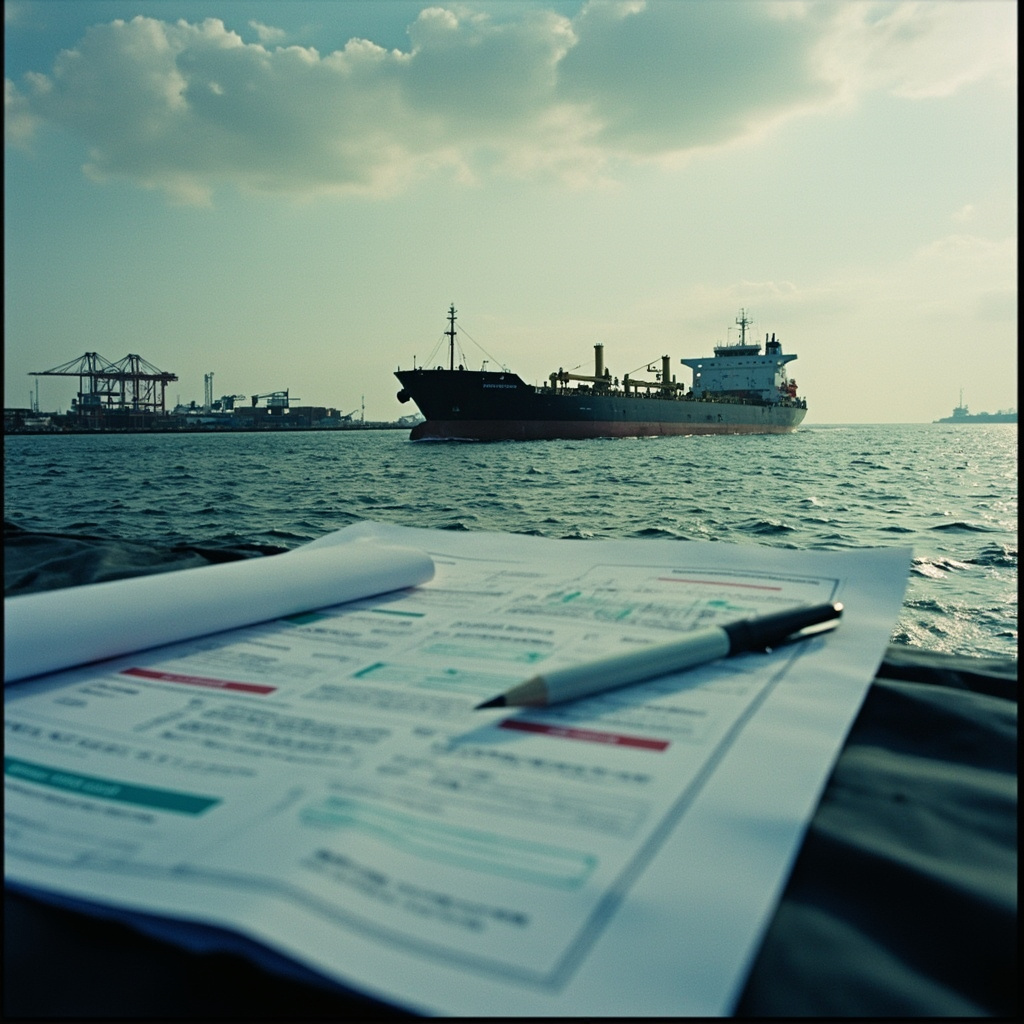 An oil tanker sits offshore while paperwork and policy graphics suggest insurance and state guarantees