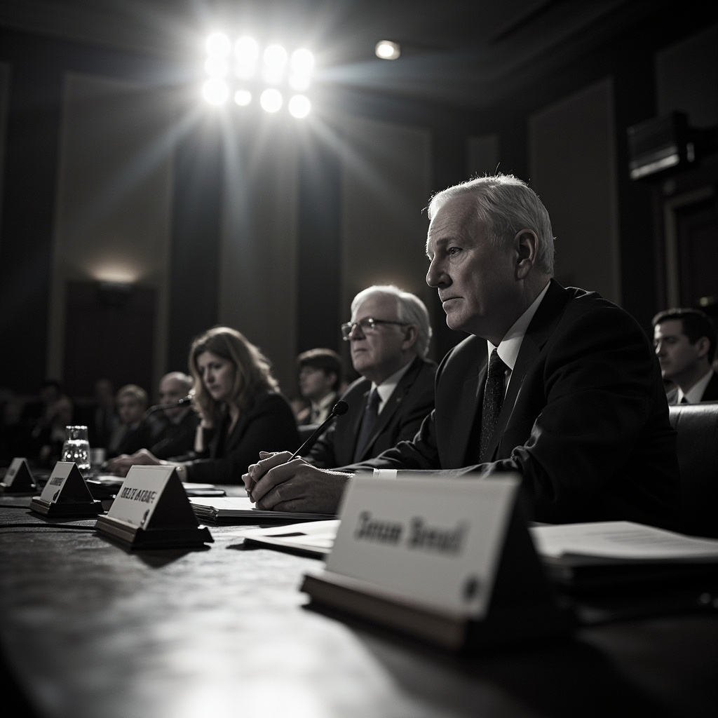 A Senate hearing room with witness microphones facing lawmakers under bright overhead lights