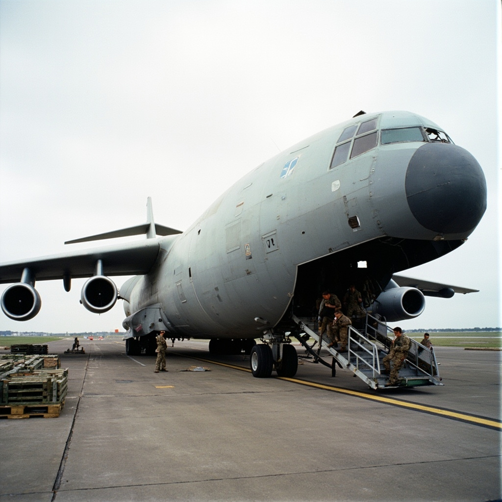 Paratroopers boarding a C-17 transport aircraft on a grey tarmac at Fort Bragg with no visible mission markings