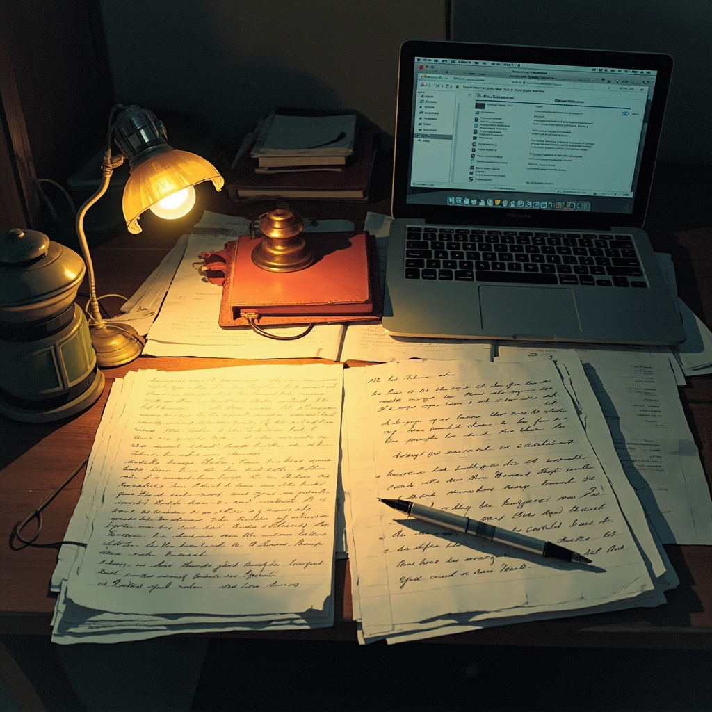 A writer's desk with manuscript pages and a laptop screen showing lines of generated text side by side