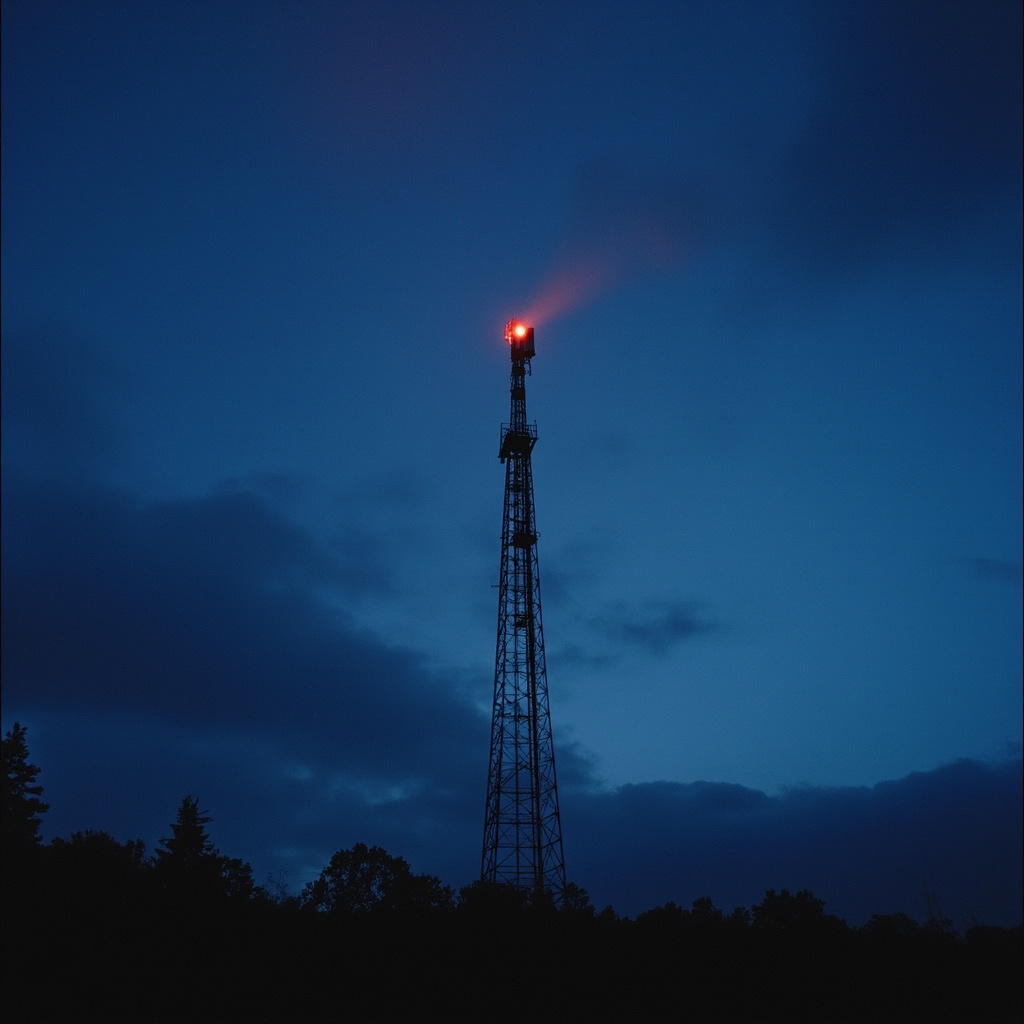 A broadcast transmission tower silhouetted against a dark sky with a single red warning light glowing at its peak