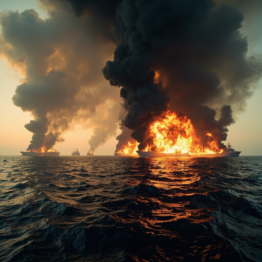 Aerial view of burning naval vessels at sea, smoke rising from destroyed warships illustrating the scale of CENTCOM's campaign against the Iranian navy