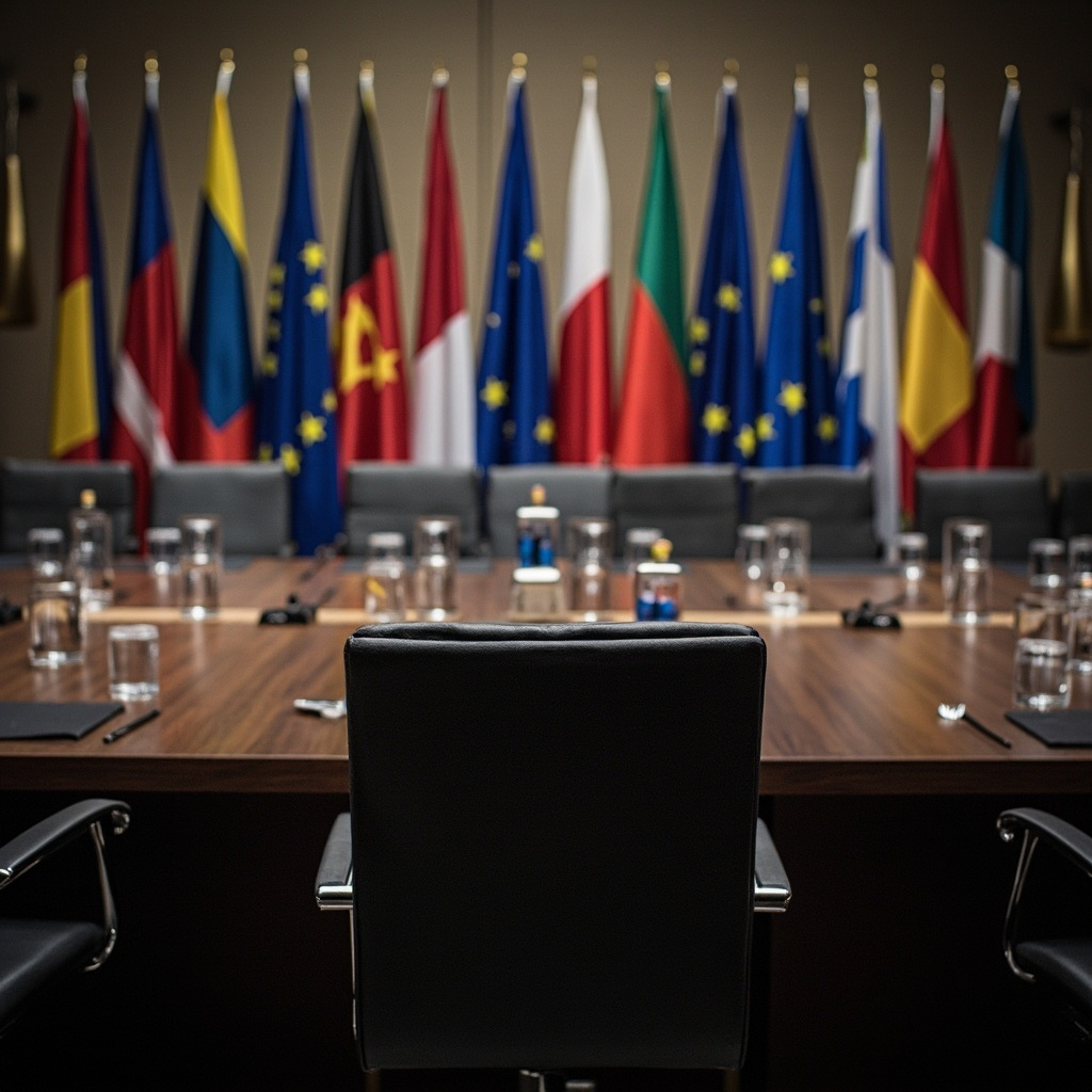 European flags on poles outside a Brussels summit building with an empty chair at the foreground conference table