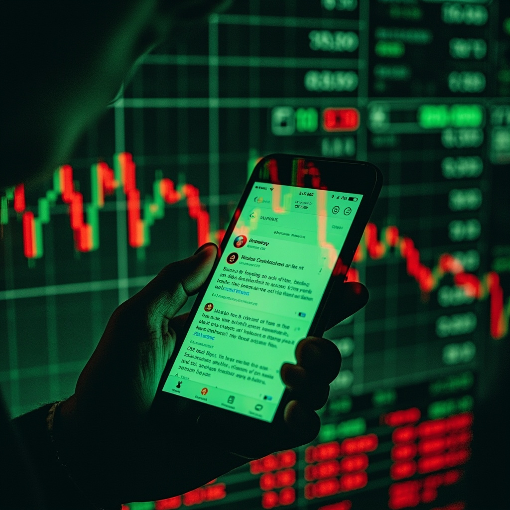 A stock futures chart showing a sharp upward spike alongside a phone displaying a social media post