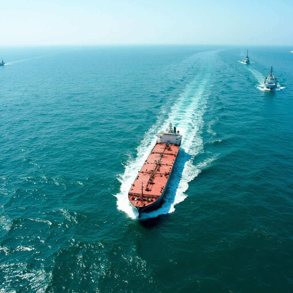 A lone tanker transits a narrow strait while dozens of ships sit at anchor in the background haze