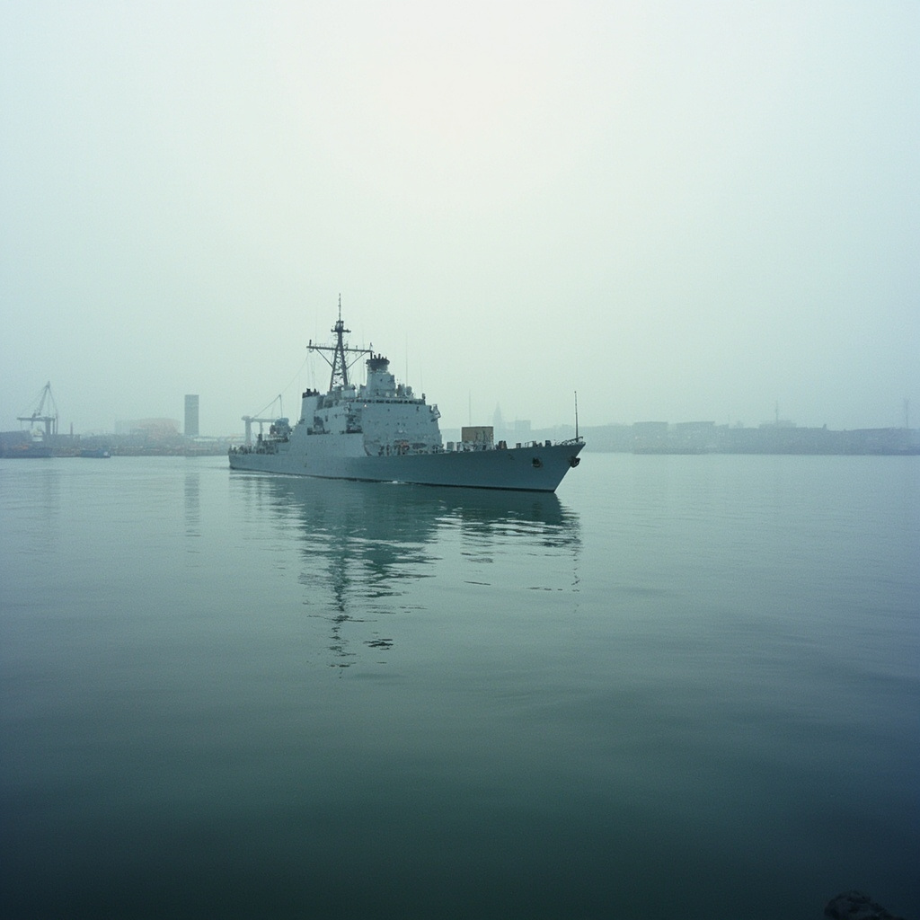 Grey amphibious warships departing a California port under overcast skies with the shoreline receding behind them