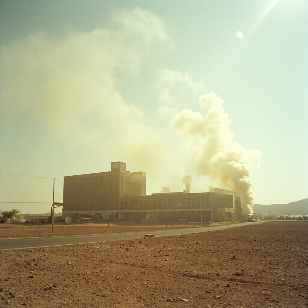 Aerial view of an industrial complex in an arid landscape with dust columns rising from multiple impact points