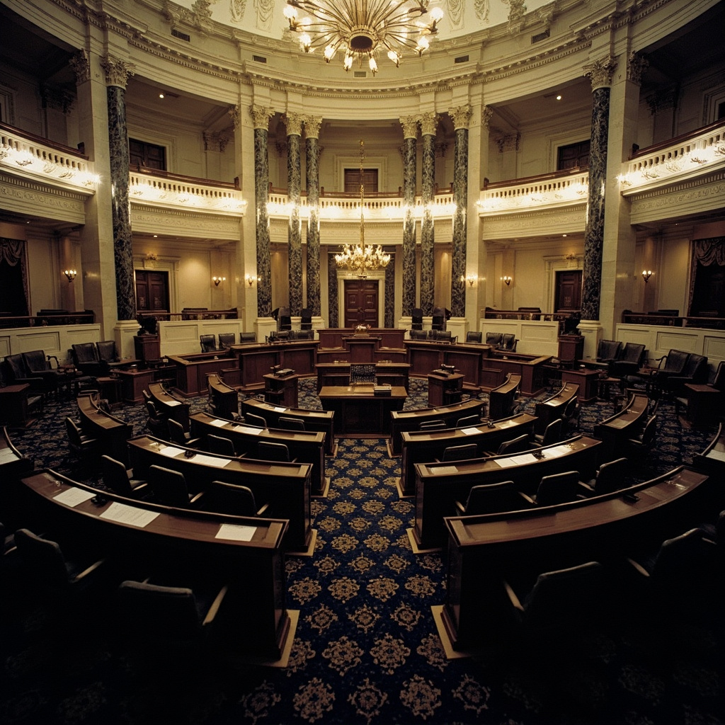 The U.S. Senate chamber viewed from the gallery with most seats empty and papers scattered on desks