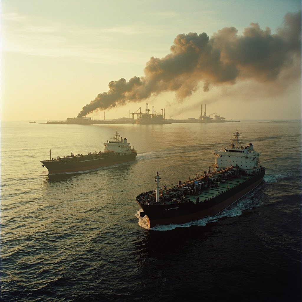 Oil tankers anchored at sea in the foreground with a burning oil refinery visible on a distant shore, illustrating the contradiction of releasing Iranian crude while bombing Iranian oil infrastructure