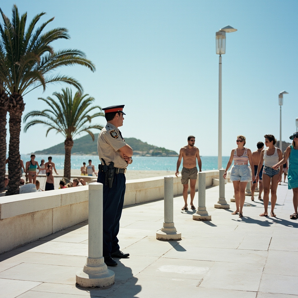 A sunlit Mediterranean beach promenade with concrete security bollards lining the walkway