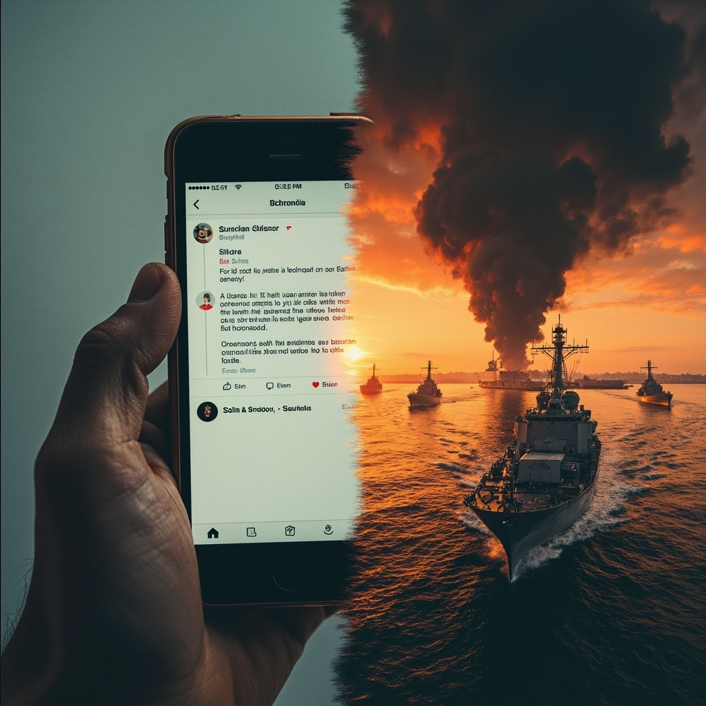 Split composition showing a Truth Social post about winding down alongside warships departing port, illustrating the gap between presidential rhetoric and military action