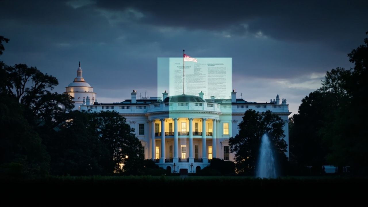 The White House facade with a translucent overlay of a four-page document, state capitol domes visible in the background beneath a darkening sky
