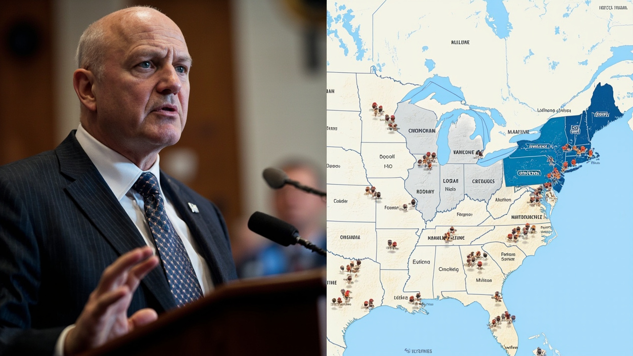 A split image showing House Speaker Mike Johnson at a podium on one side and a map of states with active AI laws highlighted on the other