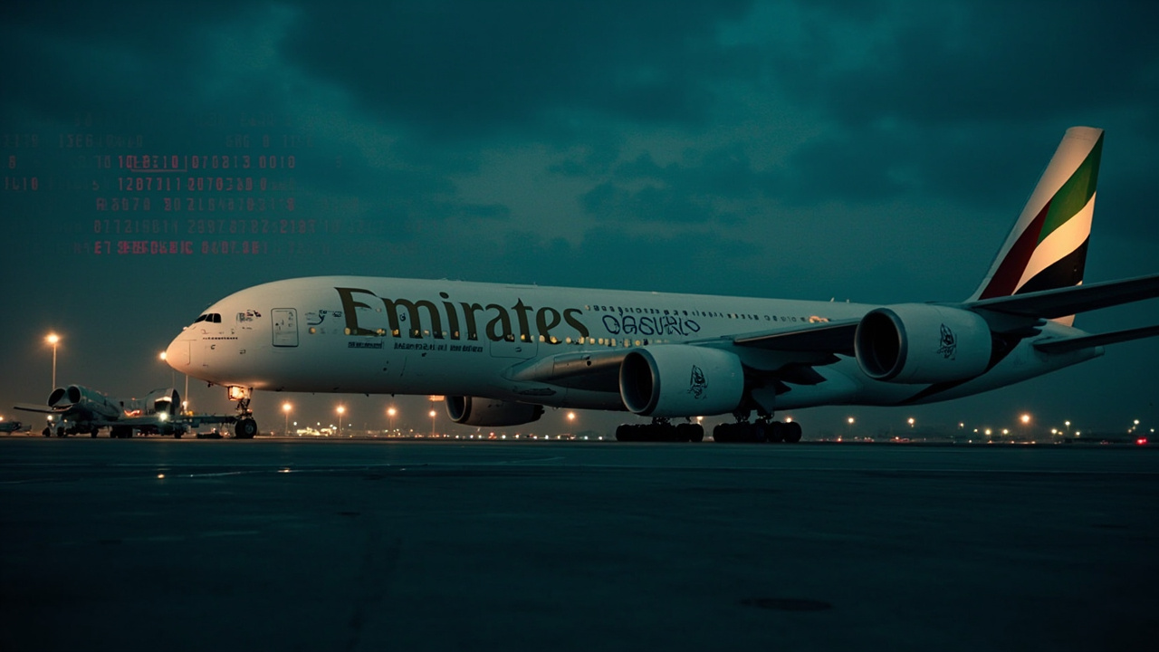 A grounded Emirates A380 on a darkened Dubai airport tarmac with a war-zone sky behind it, overlaid with a flight cancellation board showing thousands of red entries